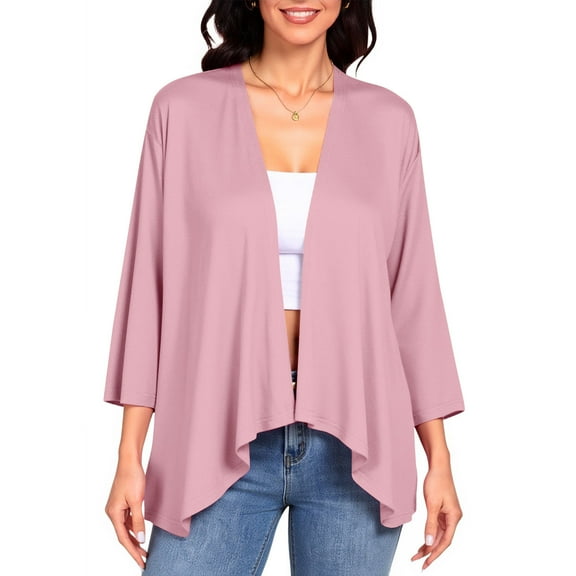 FRSASU Womens 3/4 Sleeve Lightweight Cardigan Solid Color Casual Open Front Kimono Summer Ruffle Loose Cardigans Pink