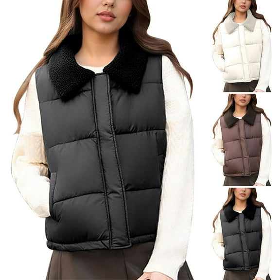 FRSASU Womens Autumn/Winter Cotton Vest Sleeveless Solid Color V Neck Warm Fluffy Outerwear Top White