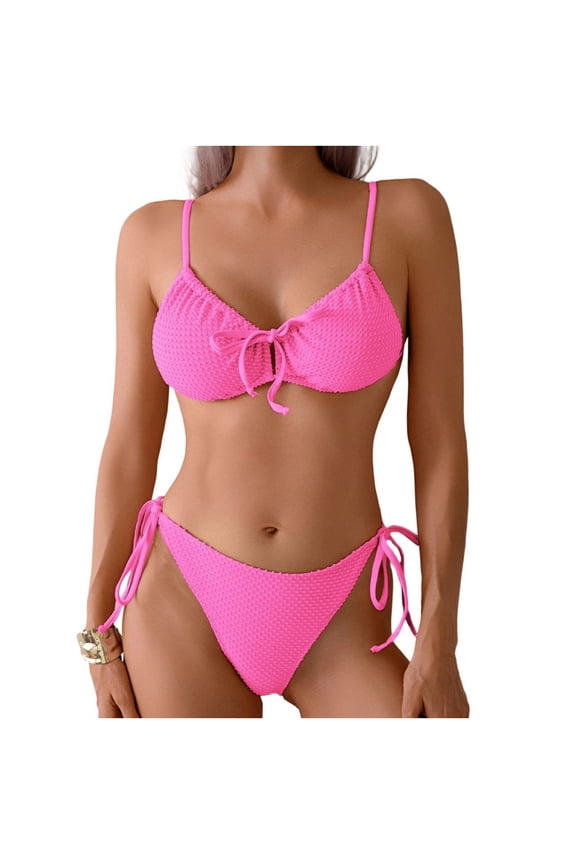 Womens Bikini Sets Two Piece Lace up Split Swimsuit Bikini Beach Hot Spring Two Piece Swimsuit Set Hot Pink