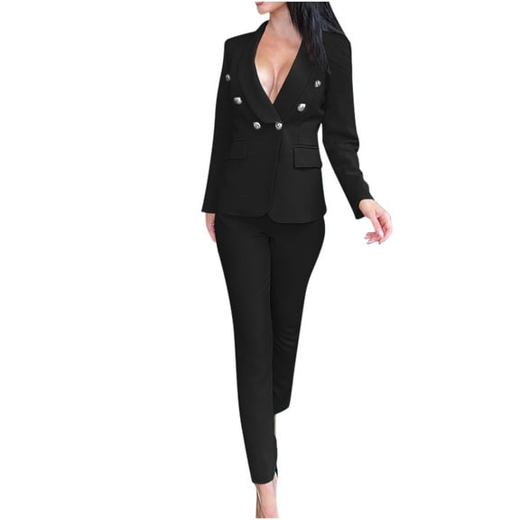FRSASU Womens Blazer Set High End Elegant Commuting Long Sleeved Cuff Feather Trim Lapel Blazer Long Pant Suit Set Black