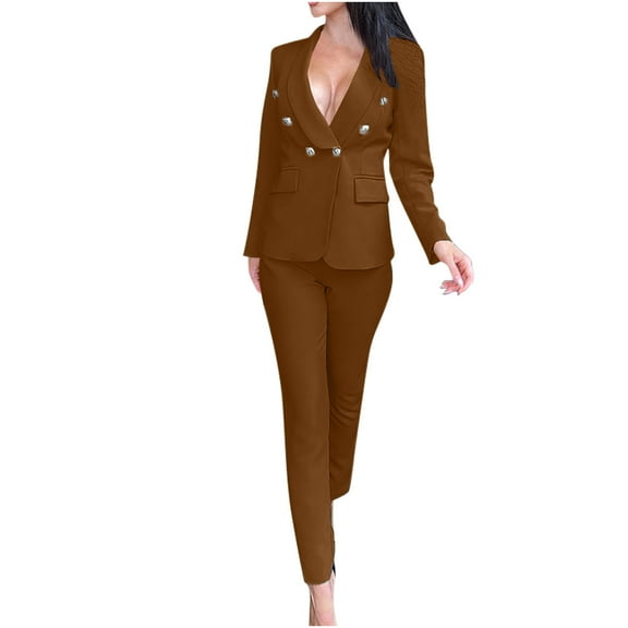 FRSASU Womens Blazer Set High End Elegant Commuting Long Sleeved Cuff Feather Trim Lapel Blazer Long Pant Suit Set Coffee