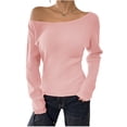 thumbnail image 1 of FRSASU Womens Boat Neck Sweaters Solid Color Long Sleeve off Shoulder Winter Loose Knit Pullover Tops Pink, 1 of 9