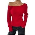 thumbnail image 1 of FRSASU Womens Boat Neck Sweaters Solid Color Long Sleeve off Shoulder Winter Loose Knit Pullover Tops Red, 1 of 5