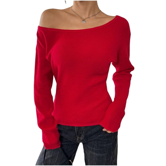 FRSASU Womens Boat Neck Sweaters Solid Color Long Sleeve off Shoulder Winter Loose Knit Pullover Tops Red
