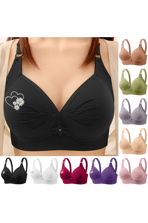Womens Bra Seamless Wireless Supportive Chrysanthemum Print Push Up Comfort Soft No Underwire Full Coverage Bra White 50