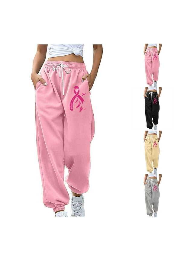 Womens Breast Cancer Awareness Sweatpants Pink Ribbon Print High Waisted Trousers Baggy Workout Active Jogger Pants Pink