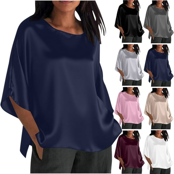 FRSASU Womens Business Casual Tops Satin Silk Dressy Blouses Round Neck formal Tops Batwing Half Sleeve Shirt White XL(XL)