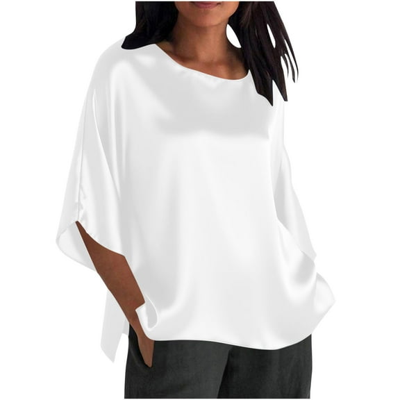 FRSASU Womens Business Casual Tops Satin Silk Dressy Blouses Round Neck formal Tops Batwing Half Sleeve Shirt White XXL(XXL)