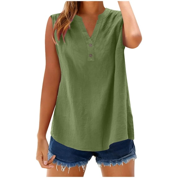 FRSASU Womens Button Cotton Linen Shirt Sleeveless V Neck Shirts Solid Color Comfy Tops Summer Casual Dressy Tunic Top Army Green