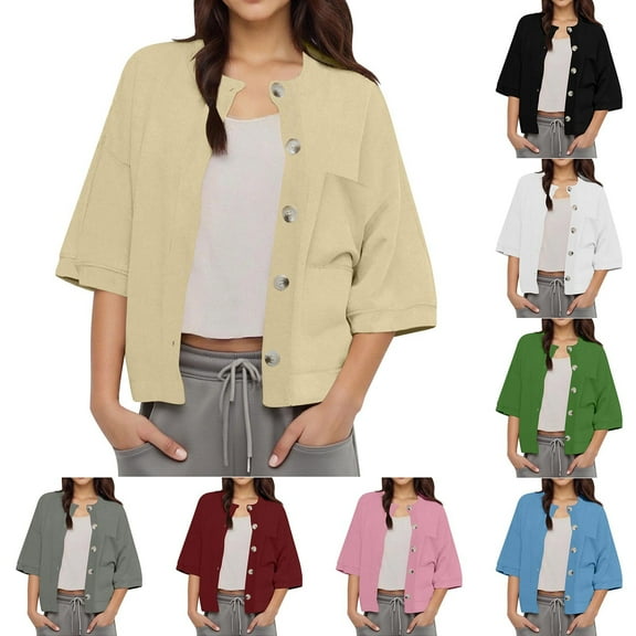 FRSASU Womens Button Down Cardigan Solid Color Casual Open Front 3/4 Sleeve Crewneck Sweatshirt Tops White XL(XL)