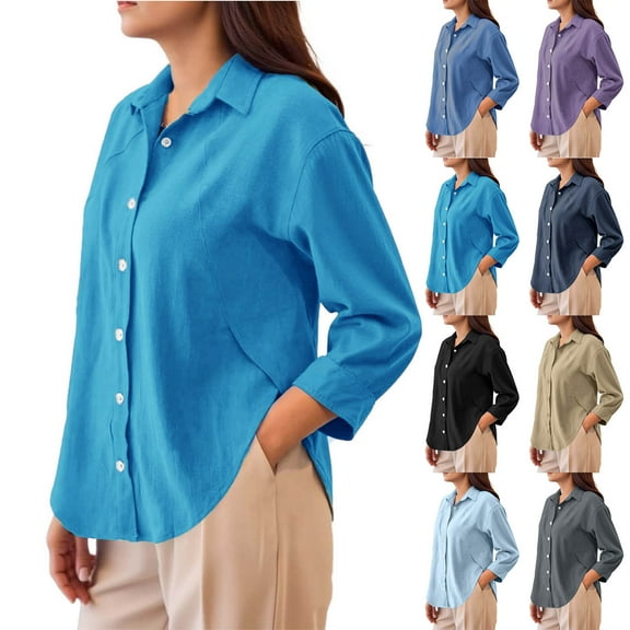 FRSASU Womens Button Down Shirt Cotton Linen Button Up Solid Shirts for Women Long Sleeve Fashion Lapel Blouse Tops Sky Blue XL(XL)