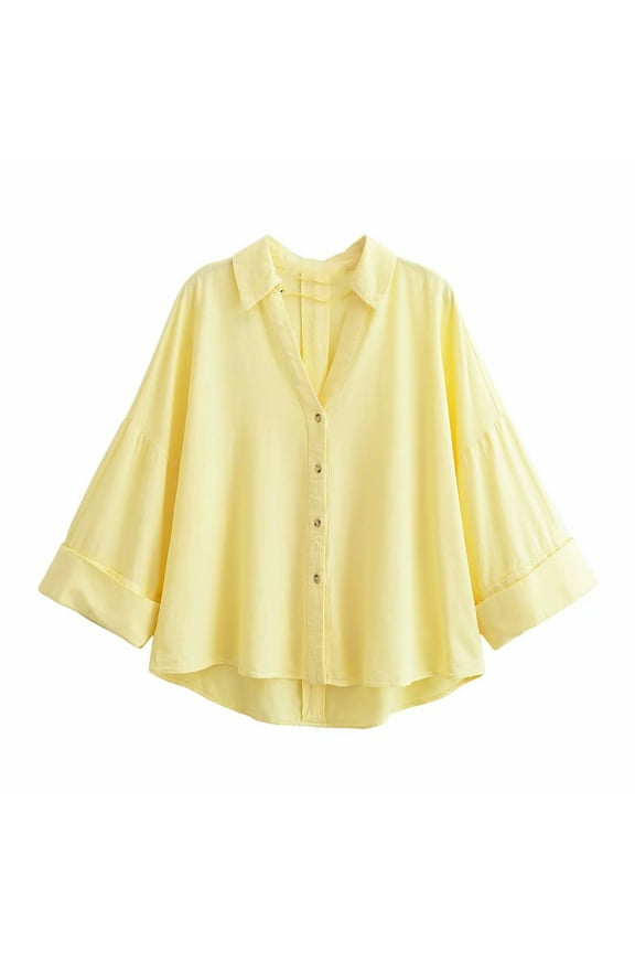 Womens Button Down Shirts Linen Dressy Shirts Solid Versatile Long Sleeve Work Blouses Turndown Collare Tops Yellow M(M)