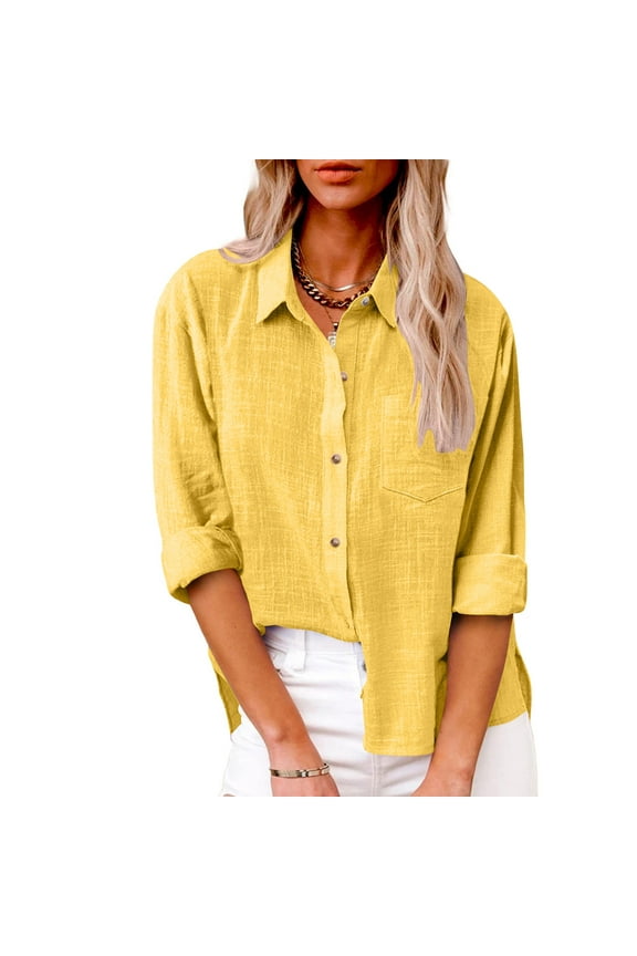 Womens Button Down Shirts Long Sleeve Collared V Neck Button Up Tops Casual Work Business Tunics Blouses Yellow