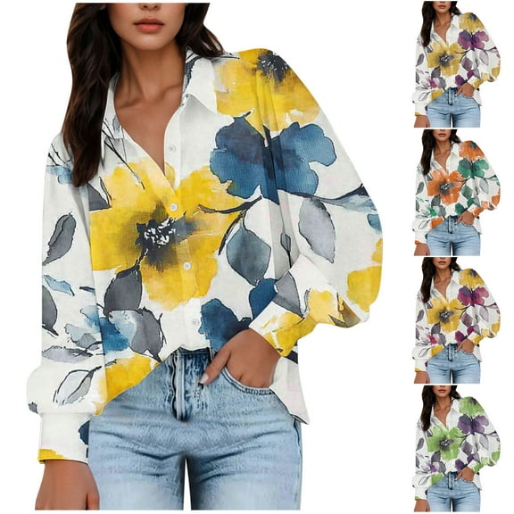 FRSASU Womens Button Down Shirts Printed Lantern Long Sleeve Casual Lapel Business Fashion Tops Purple XL(XL)