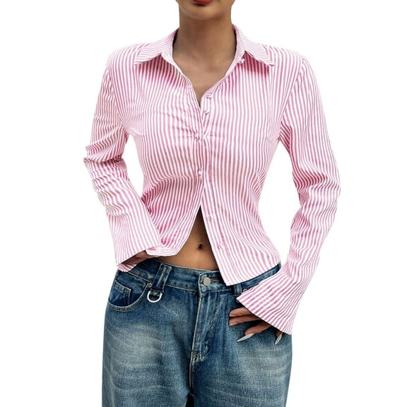 FRSASU Womens Button Down Shirts Striped Dressy Long Sleeve Turndown Collared office Work Blouses Tops Pink XL(XL)