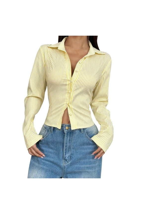 Womens Button Down Shirts Striped Dressy Long Sleeve Turndown Collared office Work Blouses Tops Yellow XXL(XXL)