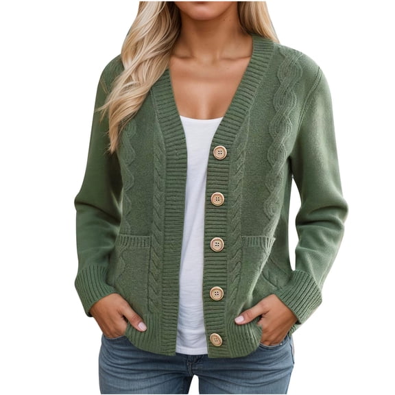 FRSASU Womens Button up Cardigan Sweaters Solid Casual Long Sleeve Open Front Top Knit Outwear Coats Green