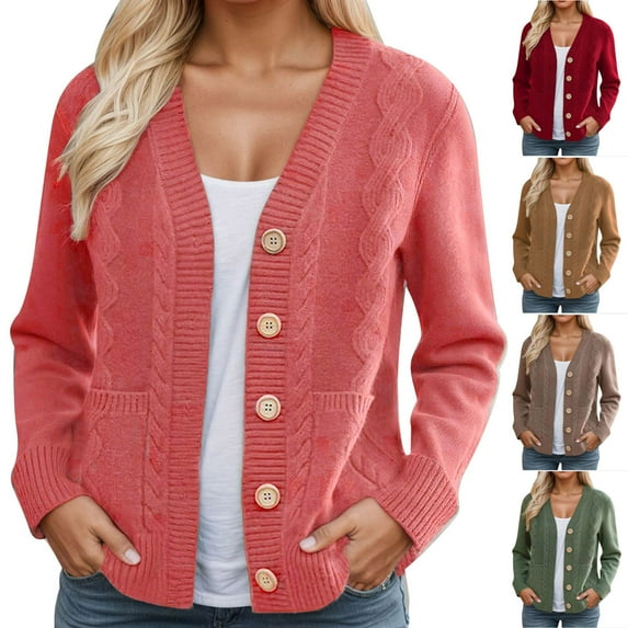 FRSASU Womens Button up Cardigan Sweaters Solid Casual Long Sleeve Open Front Top Knit Outwear Coats Red