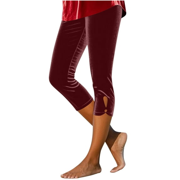 FRSASU Womens Capris Velvet Pants Workout Yoga Leggings Spring Summer Solid Casual High Waist Slim-Fit Hollow Out Cropped Trousers Wine