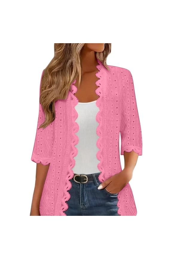 Womens Cardigan 3/4 Length Sleeve Lightweight Lace Open Front Cardigans Summer Casual Loose Fashion Tops Pink M(M)