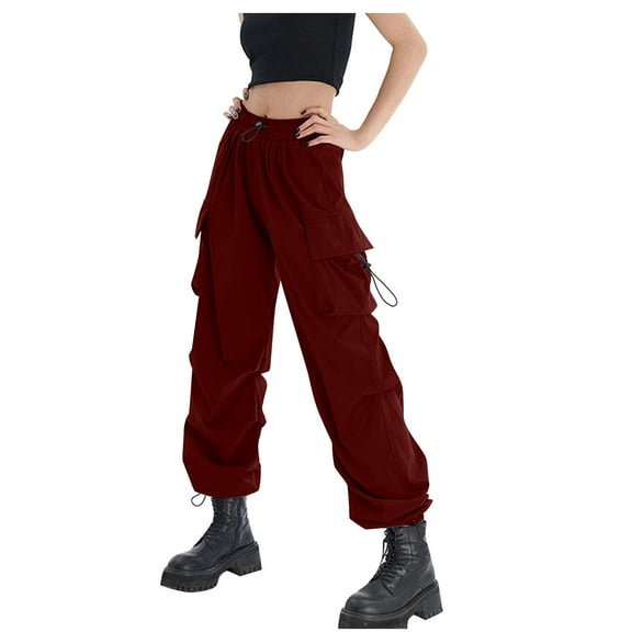 FRSASU Womens Cargo Pants Spring/Summer Stretchy Mid Waisted Denim Wide Leg Trendy Loose Casual Pants with Pocket Wine