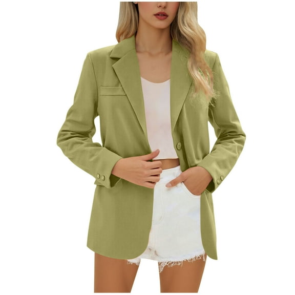 FRSASU Womens Casual Blazer Jacket Button Solid Long Sleeve Work office Blazer Lapel Open Front Jacket with Pocket Army Green L(L)