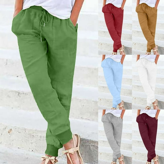 FRSASU Womens Casual Cotton Linen Pants Lightweight Elastic Waist Drawstring Solid Color Lounge Long Trousers with Pocket Yellow