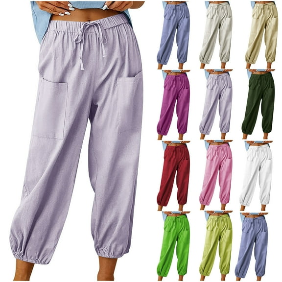 FRSASU Womens Casual Cotton Linen Pants Lightweight Fit Elastic Waist Plus Size Solid Lounge Long Trousers with Pockets Yellow