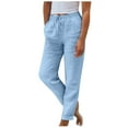 thumbnail image 1 of FRSASU Womens Casual Elastic High Waisted Work Pants Cotton Linen Straight Leg Drawstring Trousers Light Blue, 1 of 5