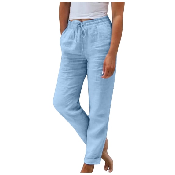 FRSASU Womens Casual Elastic High Waisted Work Pants Cotton Linen Straight Leg Drawstring Trousers Light Blue