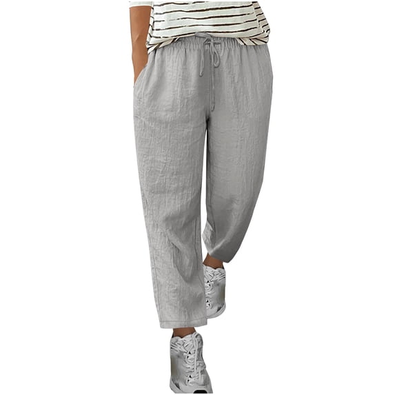 FRSASU Womens Casual Elastic High Waisted Work Pants Cotton Linen Straight Leg Drawstring Trousers with Pockets Gray