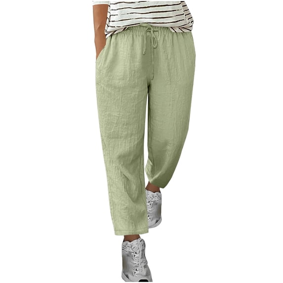FRSASU Womens Casual Elastic High Waisted Work Pants Cotton Linen Straight Leg Drawstring Trousers with Pockets Green