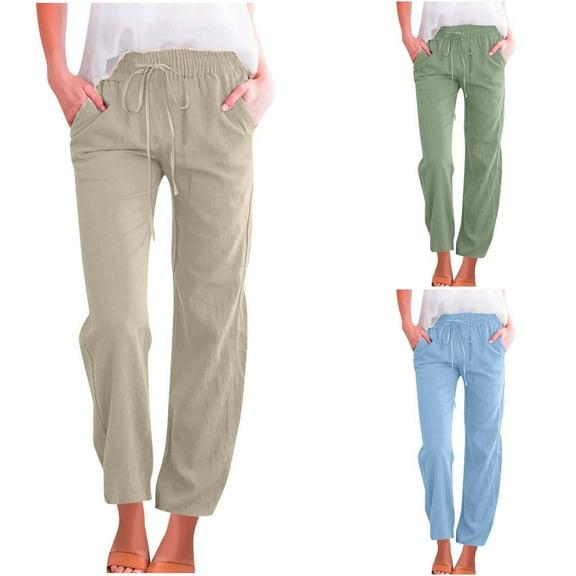 FRSASU Womens Casual Imitation Cotton Linen Pants Lightweight Summer Elastic Waist Plus Size Solid Lounge Long Trousers Light Blue