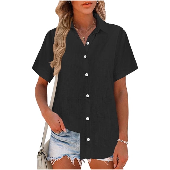 FRSASU Womens Casual Lapel Button Down Short Sleeve Shirts Solid Summer Beach Blouses Tops Black