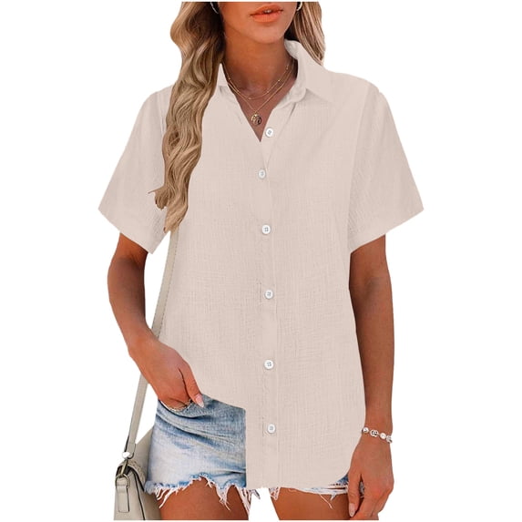 FRSASU Womens Casual Lapel Button Down Short Sleeve Shirts Solid Summer Beach Blouses Tops Khaki
