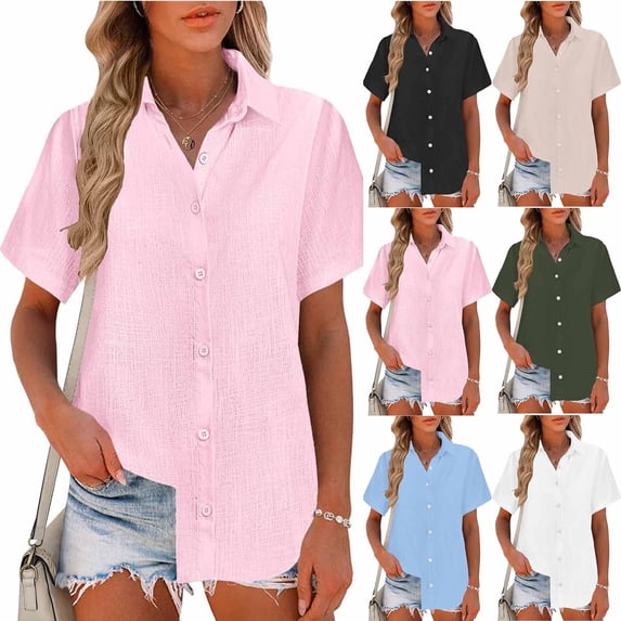 FRSASU Womens Casual Lapel Button Down Short Sleeve Shirts Solid Summer Beach Blouses Tops White