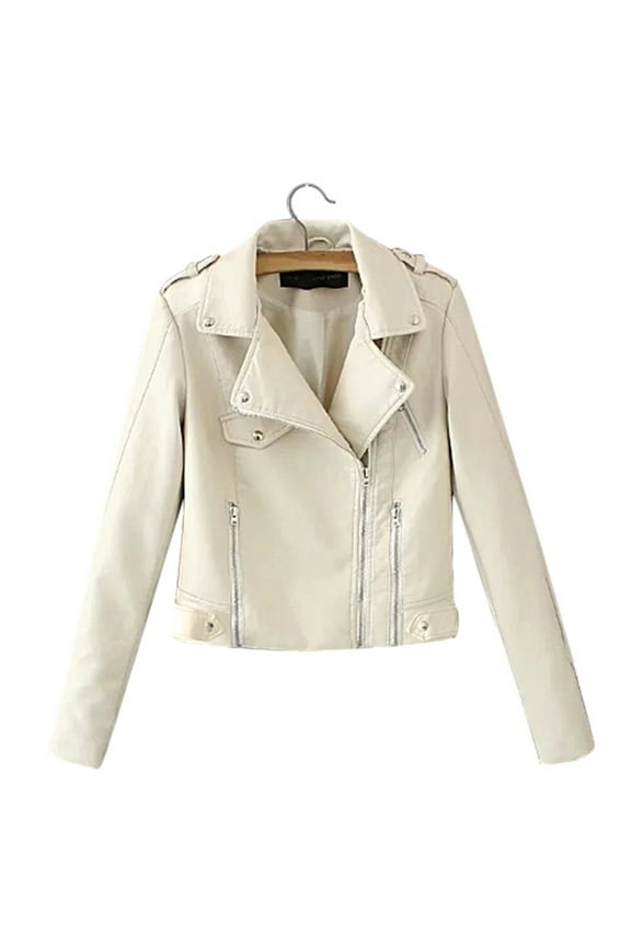 Womens Casual Lapel Zipper Women's Leather Jacket Motorcycle Clothes Casual Fall Trendy Coat White