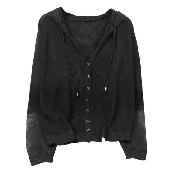 FRSASU Womens Casual Lightweight Long Sleeve Cardigan Soft Open Front Button Solid Color Knitted Coat Tops Black