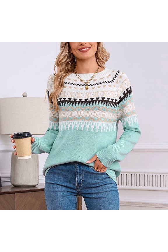 Womens Casual Lightweight Vintage geometric pattern Sweater Raglan Sleeve Crew Neck Knitted Pullover Comfy Warm Fall Tops Blue