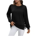 thumbnail image 1 of FRSASU Womens Casual Long Sleeve Shirts Tops Solid Color Button Hem Slit Round Neck Pullover Blouses Black, 1 of 9