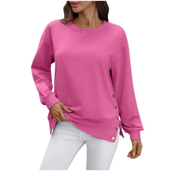 FRSASU Womens Casual Long Sleeve Shirts Tops Solid Color Button Hem Slit Round Neck Pullover Blouses Hot Pink