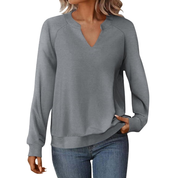 FRSASU Womens Casual Long Sleeve V Neck Sweatshirts Cute Loose Fit Lightweight Pullover Tops Gray