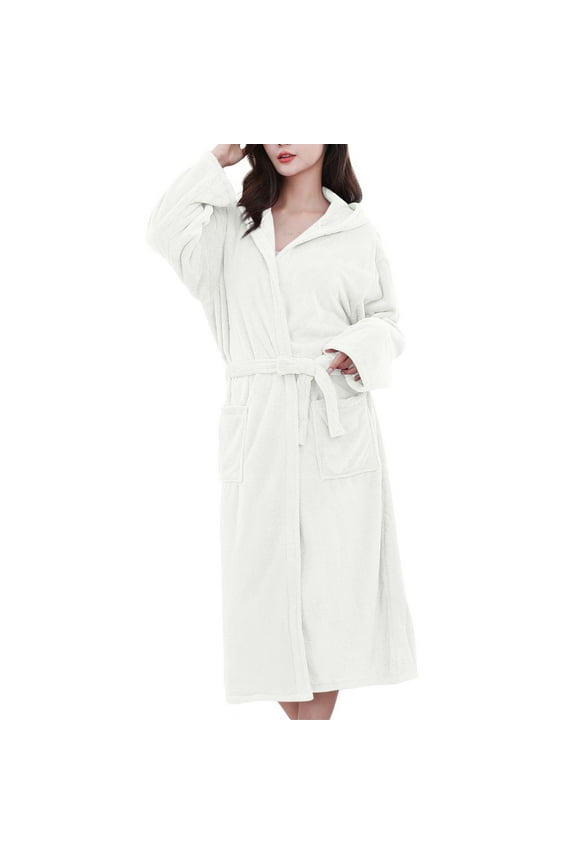 Womens Casual Robe Soft Solid Color Plush Hooded Cotton Absorbent Quick Drying Bathrobe with Pocket White