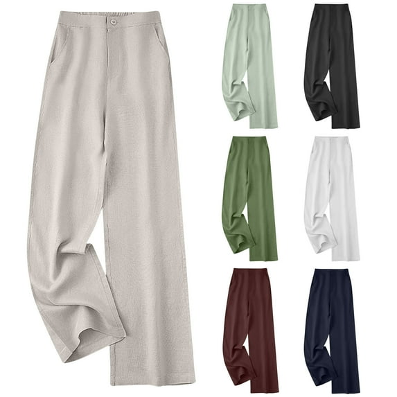 FRSASU Womens Casual Wide Leg Pants Solid Linen Loose Thin and Linen Drape High Waisted Button Down Straight Long Trousers Pants White XL(XL)