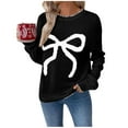 thumbnail image 1 of FRSASU Womens Christmas Fashion Chic Bow Sweater Round Neck Long Sleeve Pullover Knitted Casual Jumper Tops Black, 1 of 9