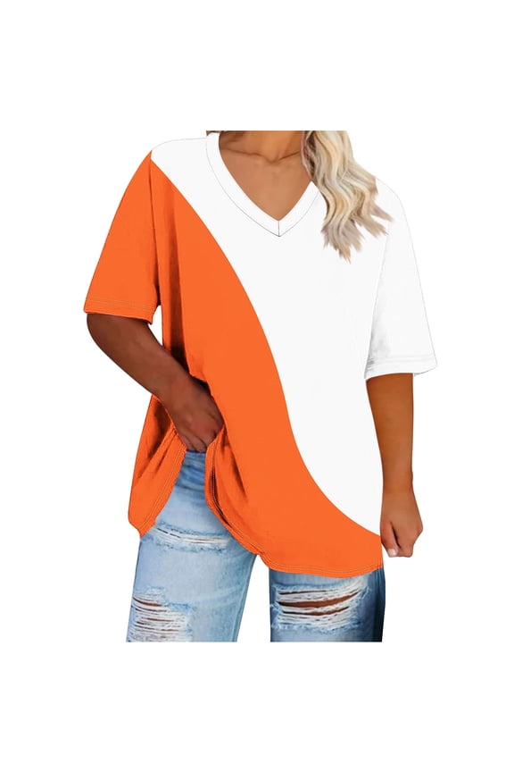 FRSASU Womens Color Block V Neck T Shirt Short Sleeve Loose Fit Casual Summer Tops Plus Size Blouses Orange