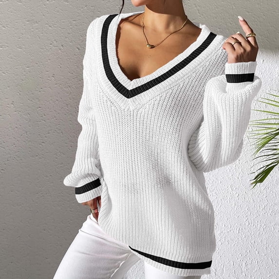 FRSASU Womens Contrasting Color Splicing Sweaters Fall Trendy Casual Long Sleeve Shirt Lightweight V Neck Pullover Top Outfit White