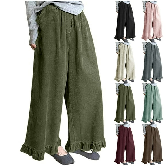 FRSASU Womens Corduroy Pants Wide Leg Cropped Barrel Baggy Flowy Ruffle Elastic Waist Trousers with Pockets Wine