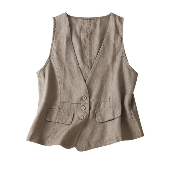 FRSASU Womens Cotton Linen Vest Casual Sleeveless Cardigans Lightweight Denim Jacket Waistcoat Khaki 8(L)