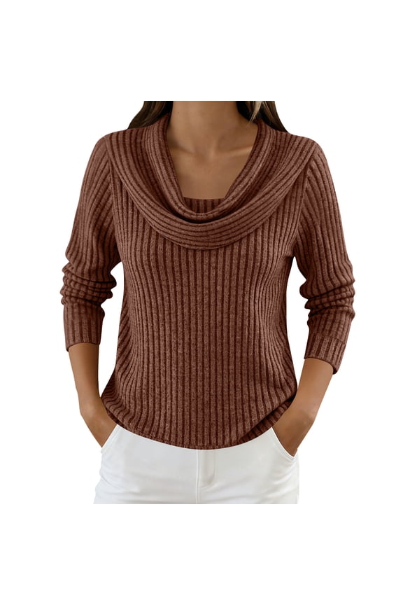 Womens Cowl Neck Knit Tops Striped Long Sleeve Pullover Shirt Dressy Casual Spring Summer Blouses Brown